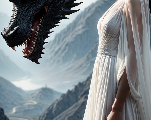 Majestic Mountain Landscape with Dragon and Woman