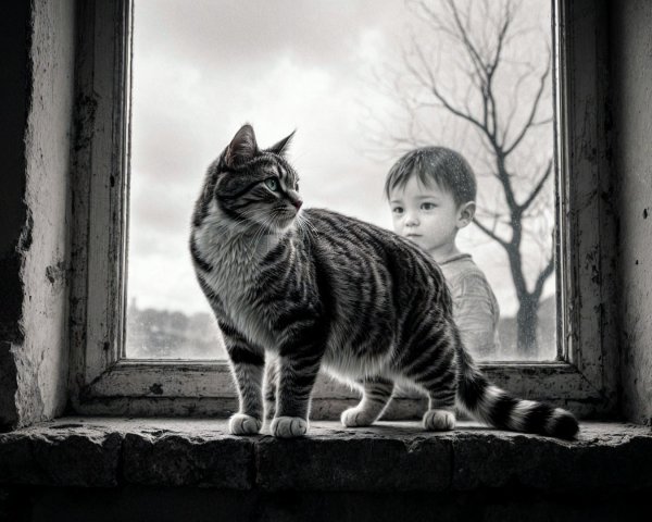 Striped Cat and Child on Windowsill in Black and White