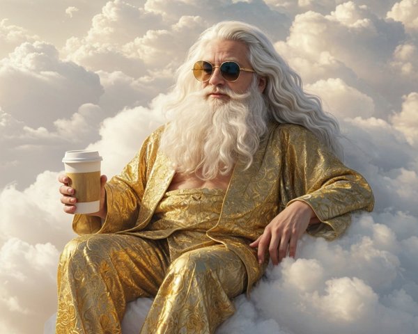 Whimsical Figure on Clouds in Gold Outfit and Sunglasses