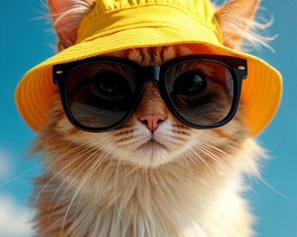 Feline in Yellow Hat and Sunglasses Against Blue Sky