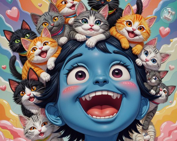 Joyful Blue Character Surrounded by Colorful Cats