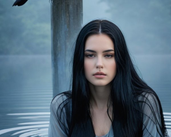 Young woman in misty water with raven nearby