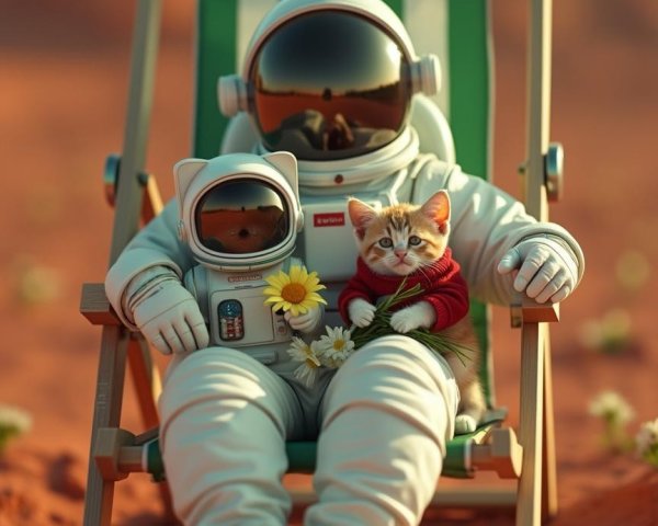 Astronauts and Kitten Relaxing on Mars-like Landscape