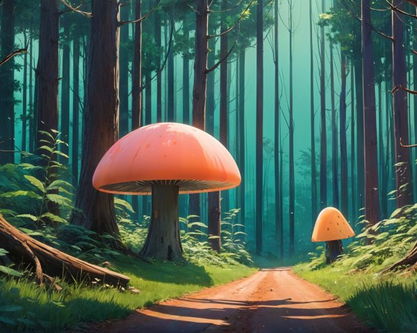 Tranquil Forest with Whimsical Mushrooms and Pathway