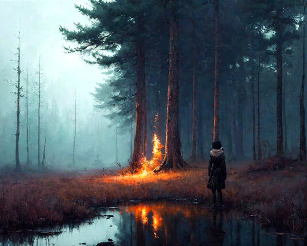 Misty Forest Scene with Burning Tree and Pond