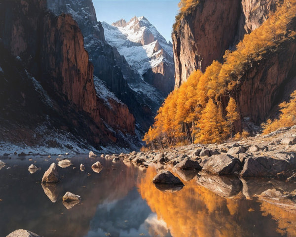 Autumn Landscape with Rocky Cliffs and Calm Water