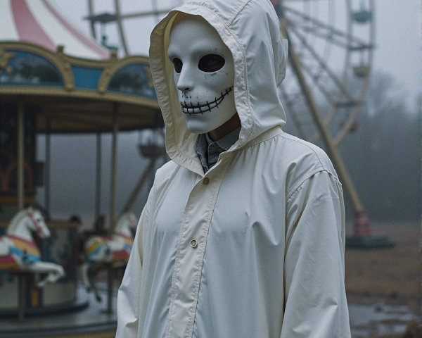 Foggy Amusement Park with Figure in Skeleton Mask