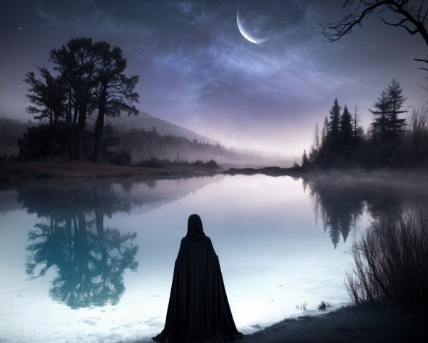 Cloaked Figure by Tranquil Lake Under Starry Sky