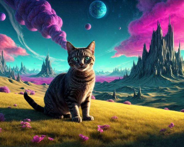 Striped Cat on Vibrant Alien Landscape with Crystals