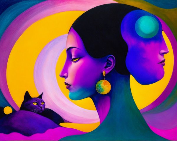 Profile Silhouettes of Women with Cat and Swirling Patterns