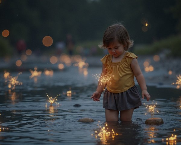 Child in yellow top wading through sparkly water