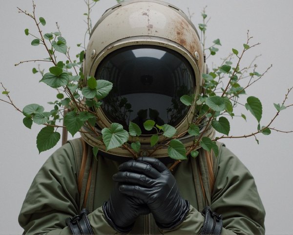 Astronaut in Nature-Inspired Helmet Against Minimalist Backdrop