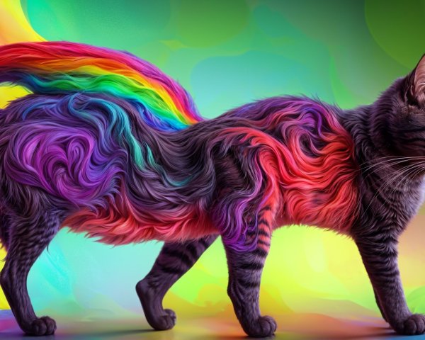 Colorful Cat with Flowing Rainbow Fur in Dreamy Background