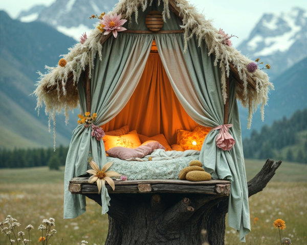 Whimsical Treehouse with Cozy Interior and Scenic Views