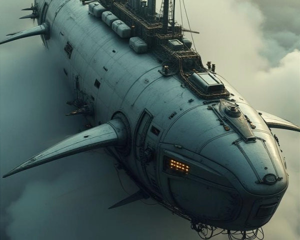 Futuristic whale-shaped aerial vessel among clouds