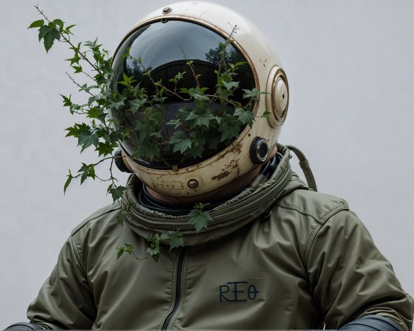 Astronaut in Vintage Helmet Surrounded by Green Ivy