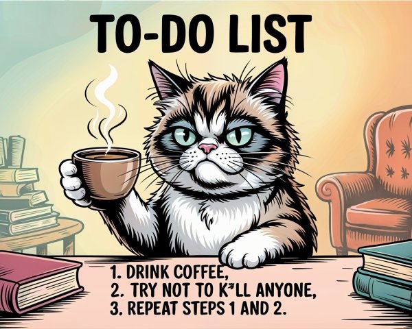 Whimsical Cat Illustration with Coffee and Humor