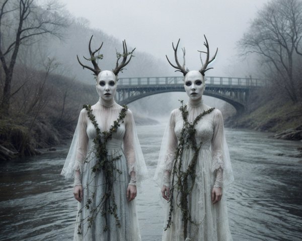 Figures in White Gowns with Antlers in Misty River