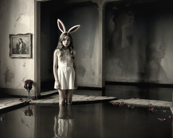 Young girl in white dress with bunny ears in dark room