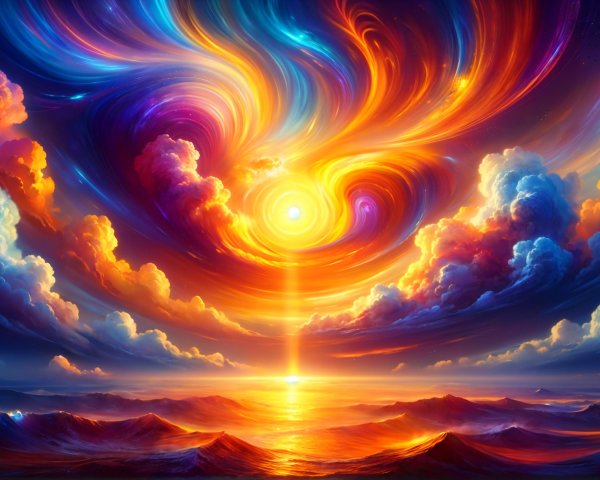 Surreal Sunset with Colorful Clouds and Calm Sea