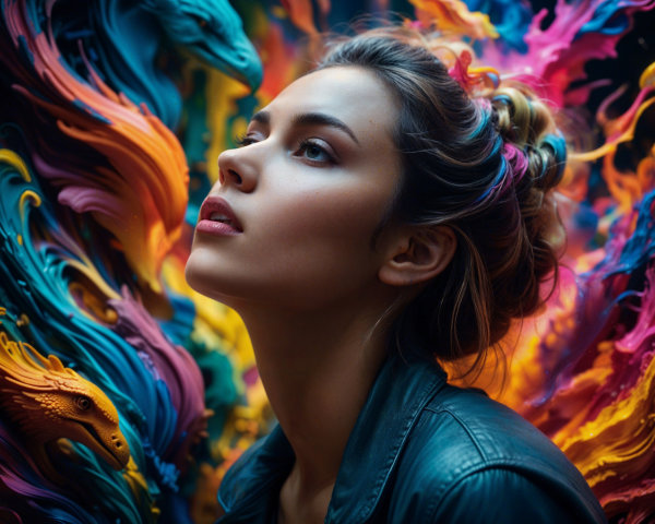 Young woman in wonder against vibrant abstract background