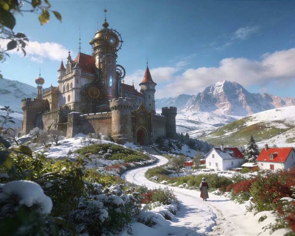Steampunk Castle on Snowy Hill with Winter Landscape