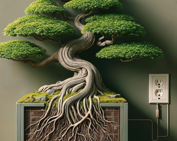 Stylized Tree Emerging from Vintage TV with Roots