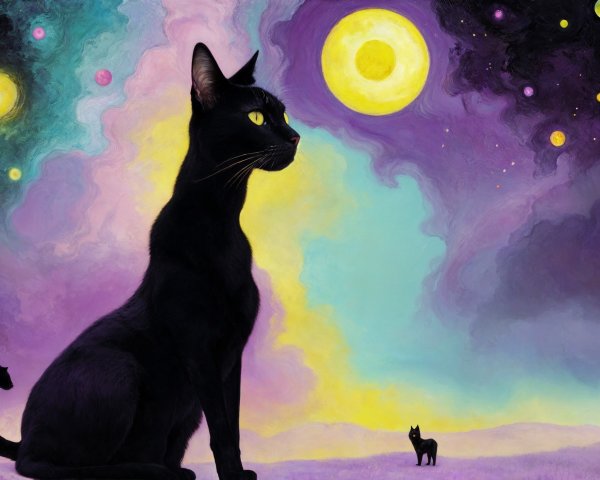 Majestic black cat in a vibrant cosmic landscape