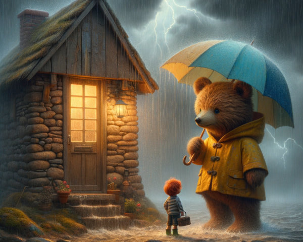 Bear in Raincoat and Child by Cozy Cottage in Storm