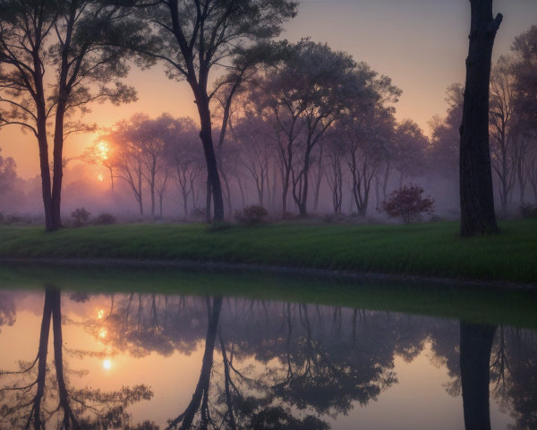 Tranquil Dawn Scene with River and Sunrise Reflections