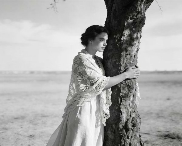 Black and white photograph of a woman by a tree