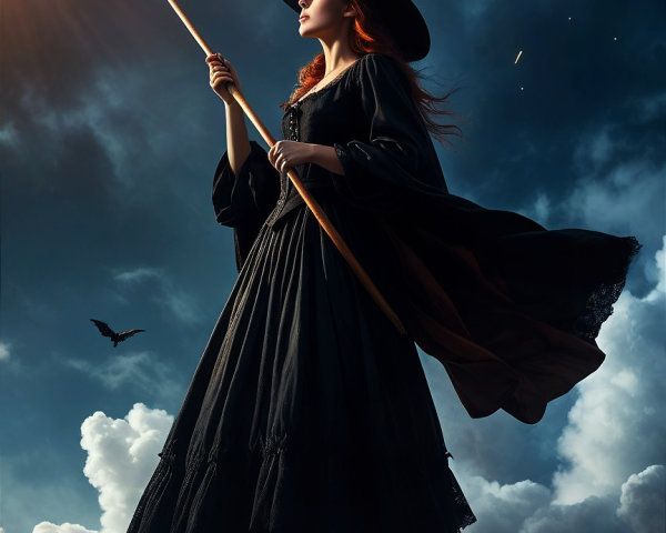 Woman in Black Dress with Broom in Mystical Sky
