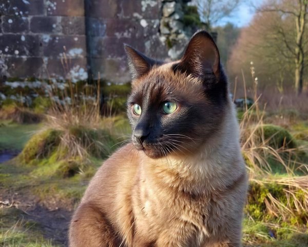 Siamese Cat in Lush Grass with Ruins Background