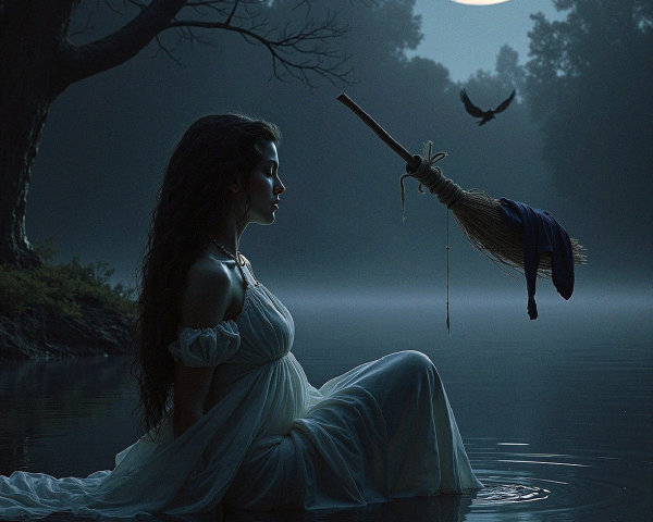 Twilight Lake Scene with Ethereal Woman and Broomstick