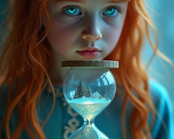 Young girl with blue eyes and red hair holding hourglass