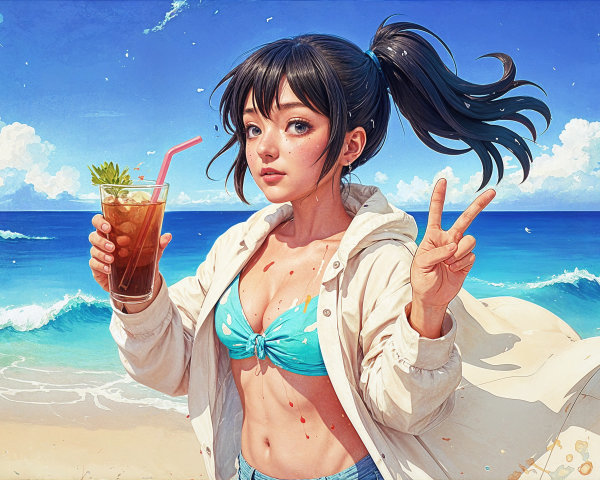 Young woman in bikini on beach with drink and waves