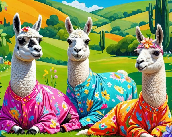 Charming Llamas in Colorful Cloaks in Lush Landscape