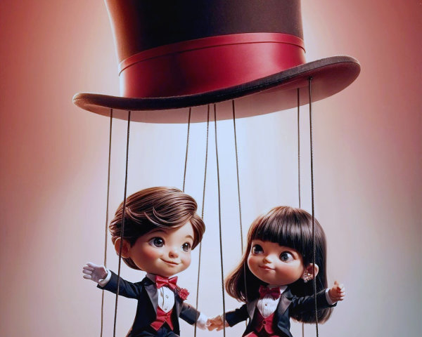 Doll-like Characters in Formal Attire on Swings