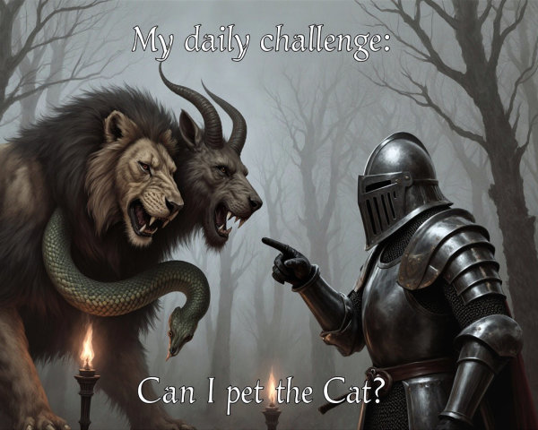 Knight in Armor Faces Lion and Goat in Misty Forest