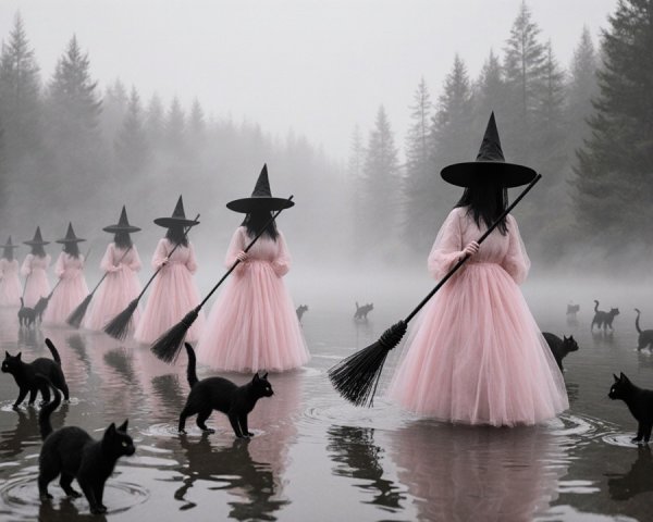 Mystical Forest Scene with Figures and Black Cats