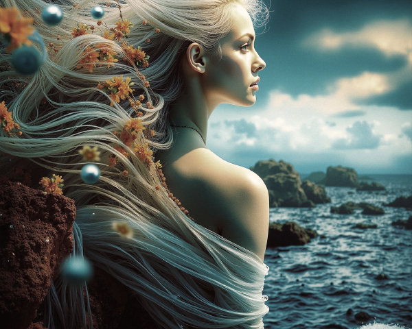 Serene Figure by Ocean with Flowers and Pearls