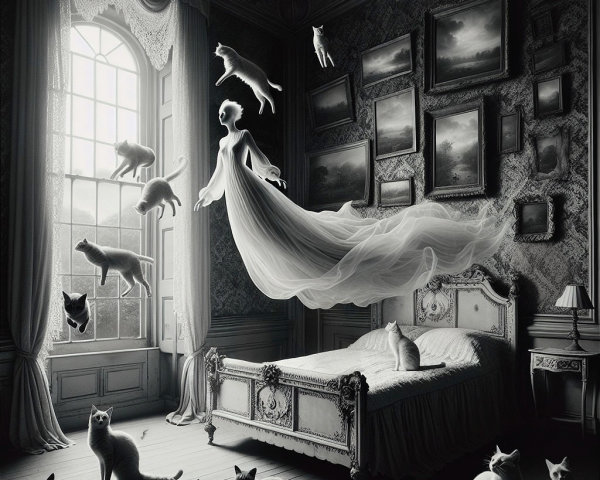 Surreal Room with Ghostly Figure and Floating Cats