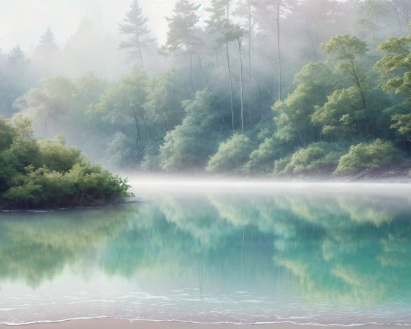 Misty Lake Surrounded by Lush Green Trees at Dawn