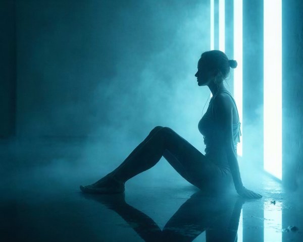Silhouetted Female Figure on Reflective Neon Floor
