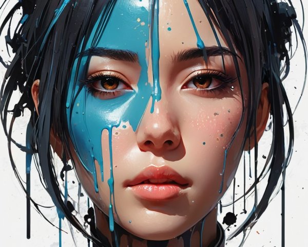 Portrait of a woman with blue paint and dark hair