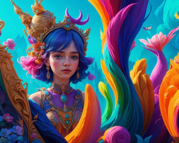 Young woman with blue hair in a colorful landscape