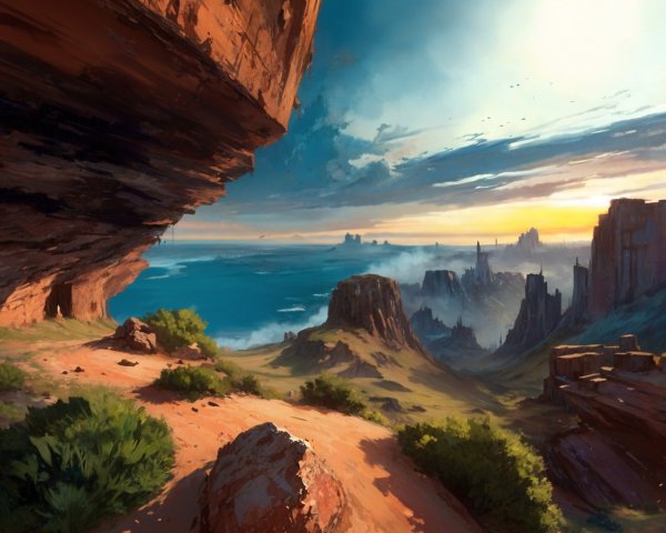 Vibrant Sunset Over Red Rock Landscape and Water