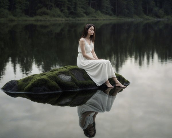 Young Woman in White Dress by Tranquil Lake