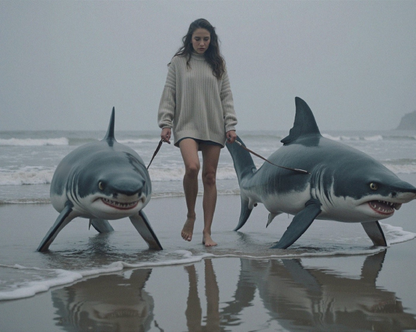 Woman in oversized sweater walks with shark models on beach