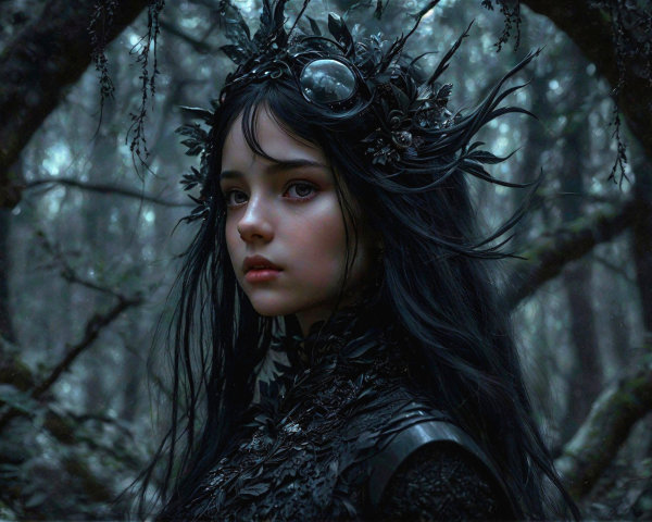 Young woman in a mystical forest with dark trees